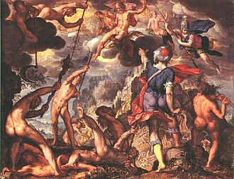 Classical painting depicting the Titanomachy, the war between the Titans and the Olympian gods