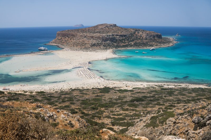 Turquoise lagoon and white sand at Balos, seen from above