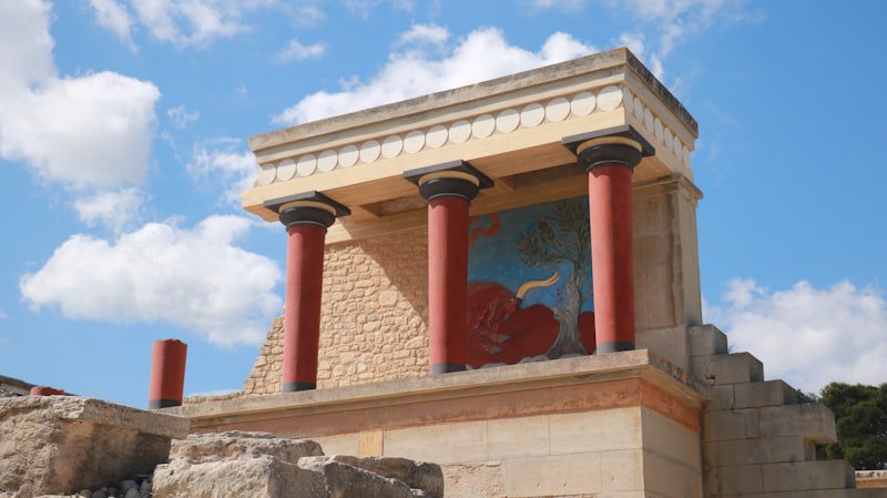 The restored North Propylon and fresco at Knossos Palace