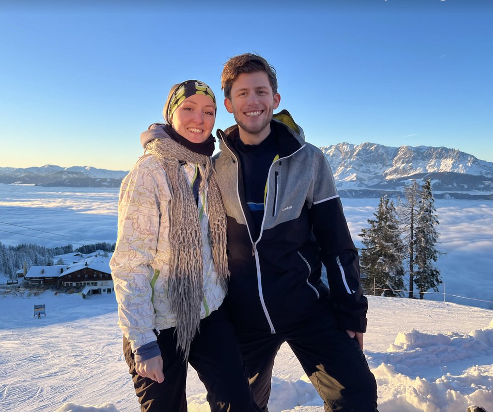 Leonard and Mona skiing above the clouds in Austria