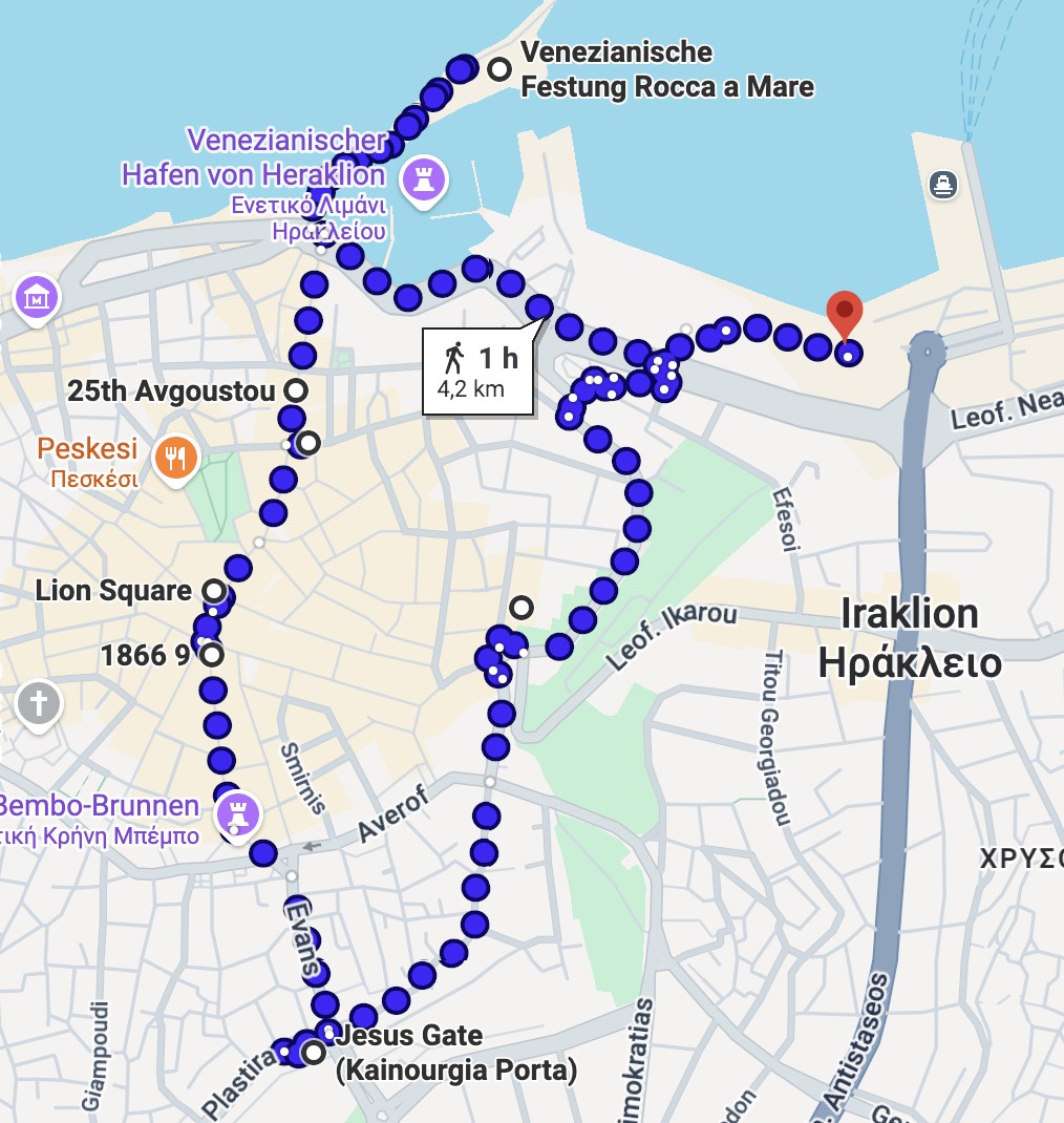 Map of our full walking tour route through Heraklion